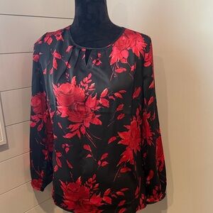 Talbots Elegant Red Floral on Black Blouse